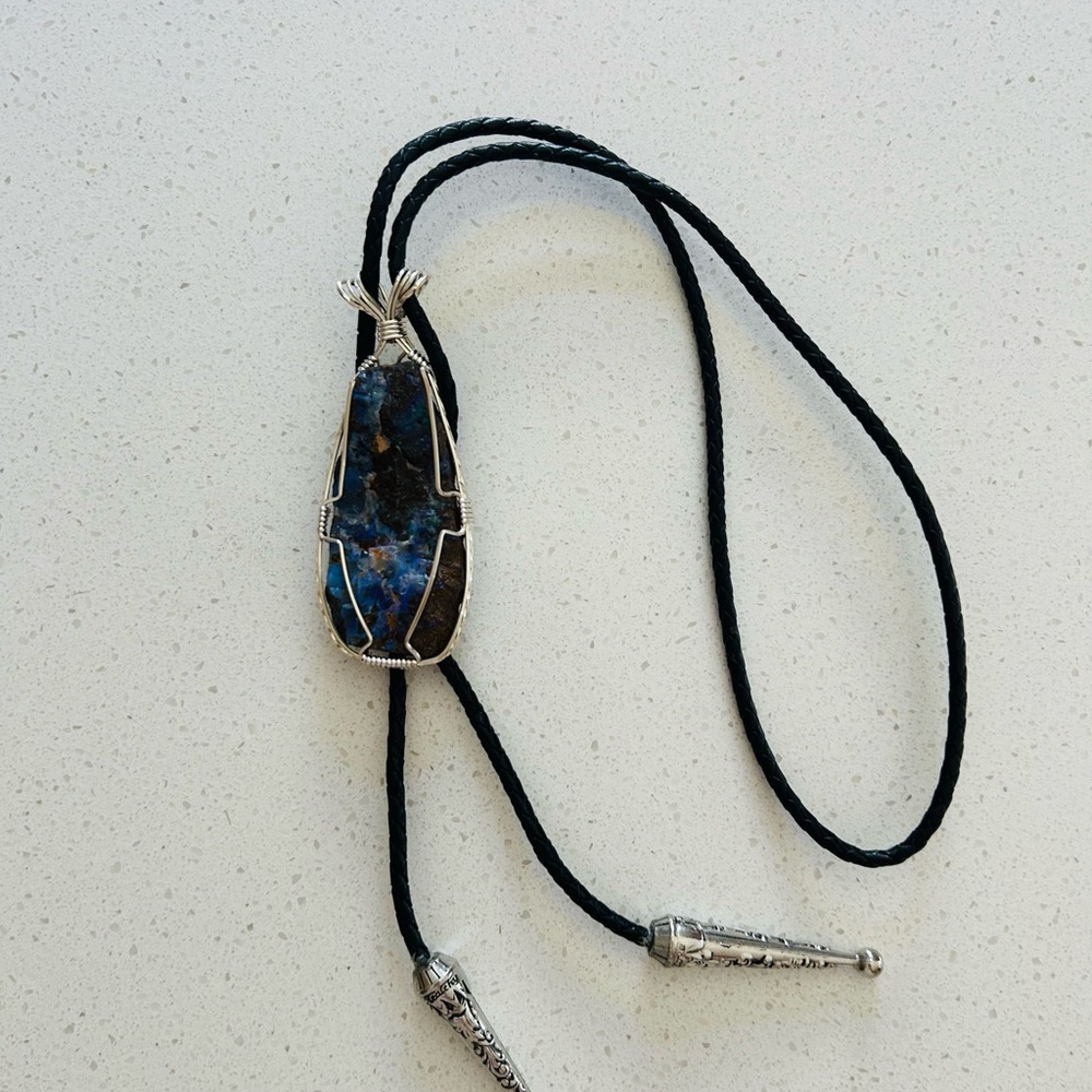 Black and Silver Bolo Tie with Boulder Opal Stone